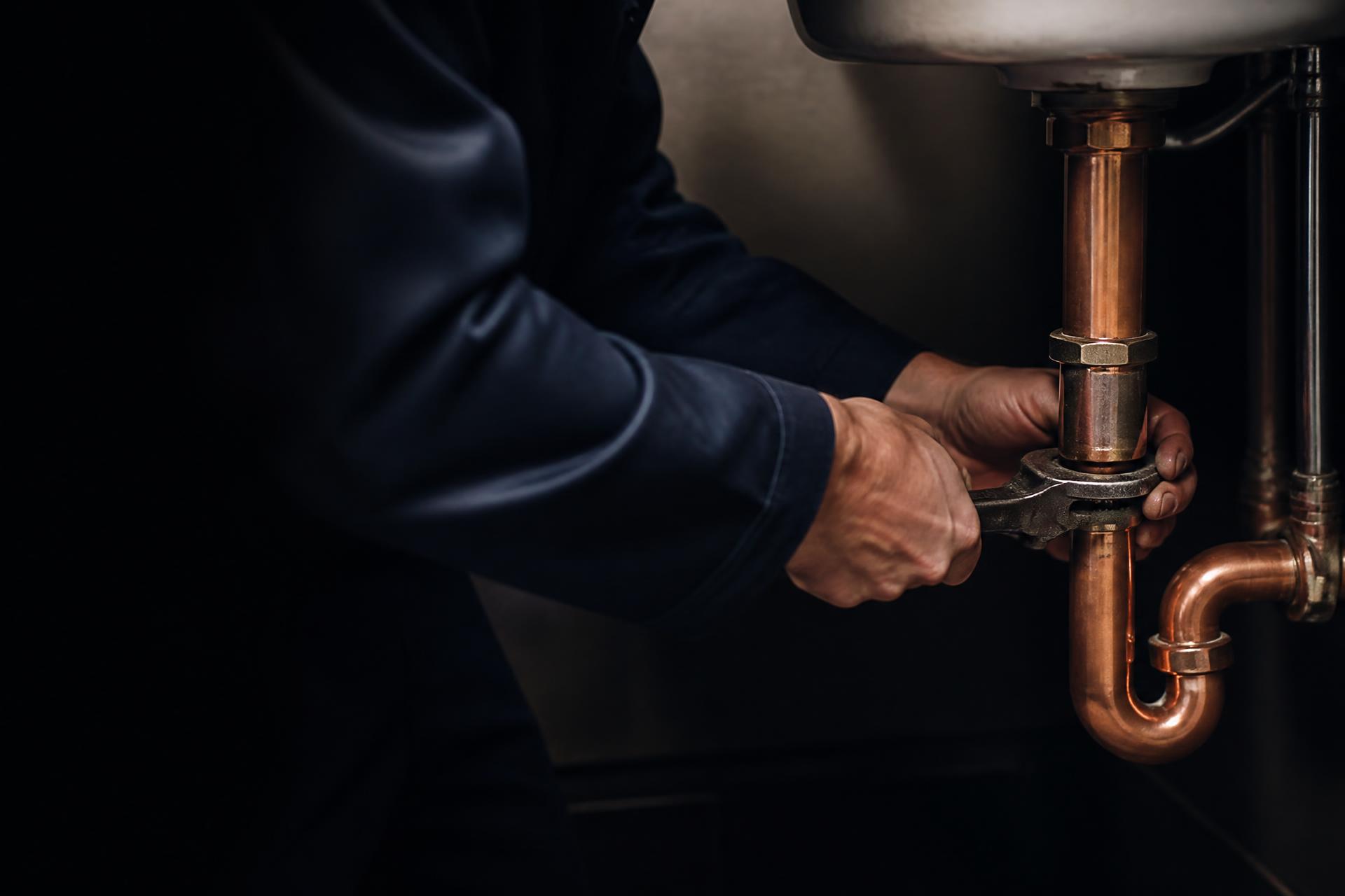 Plumber tightening a copper pipe fitting beneath a sink